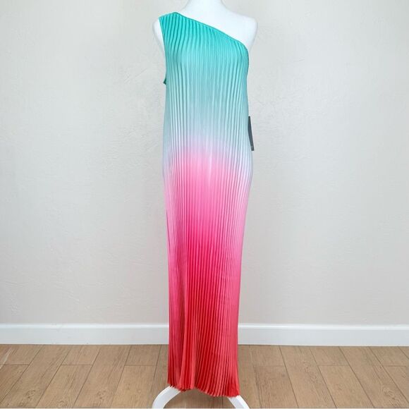 NWT Nicole Miller Ombré Aqua Blue & Pink Plisse Satin One Shoulder Maxi Dress M - Picture 1 of 15